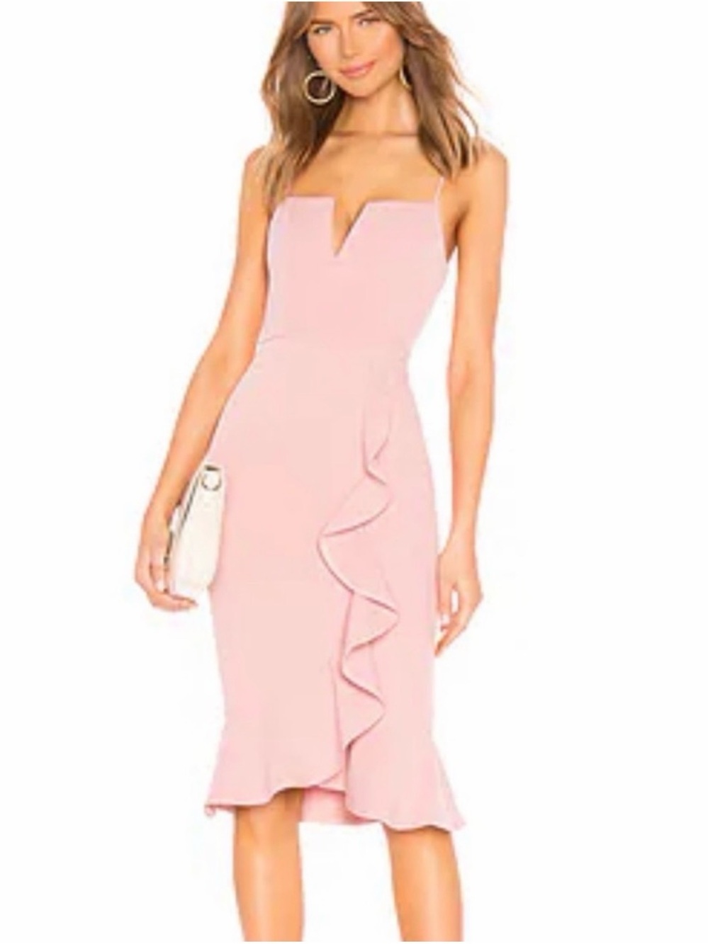 About Us Revolve DOMINIQUE Pink Ruffle Accent BodyCon Midi Dress Formal Small